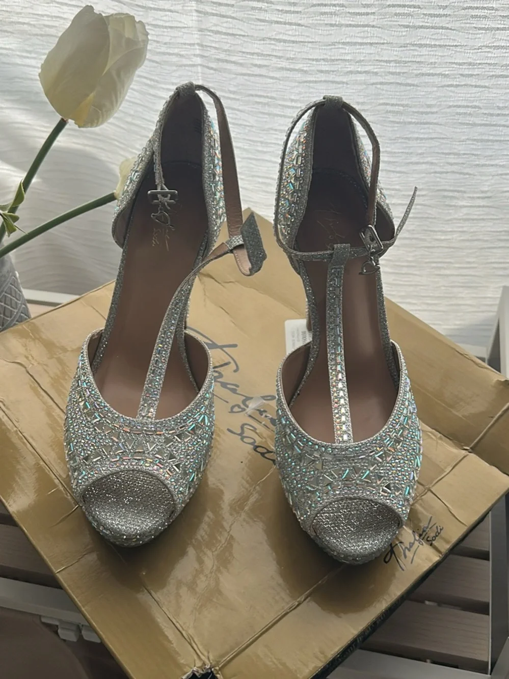 Thalia Sodi Silver Crystal T-Strap Heels